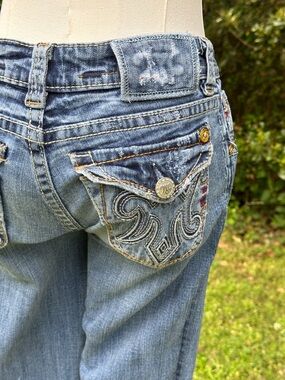 Mek Denim Embroidered Light Blue Bootcut Jeans with Decorative Back Pockets